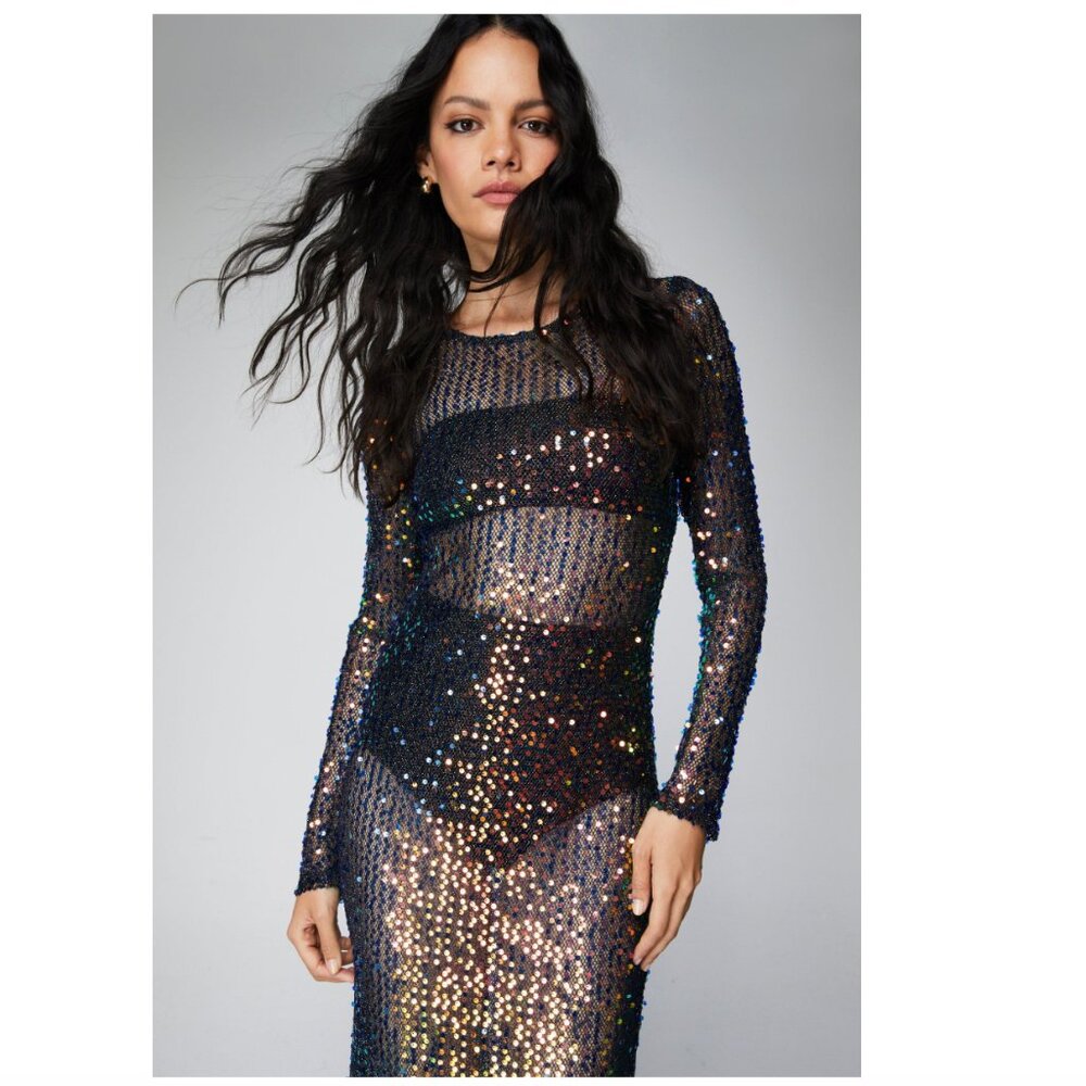NWT! Nasty Gal Sequin Sheer Long Sleeve Maxi Dress - Picture 2 of 4